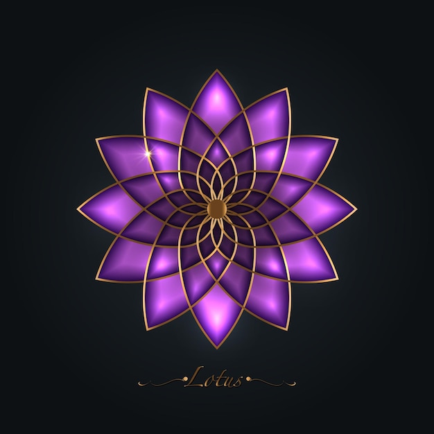 Vector purple lotus flower, sacred geometry mandala, golden luxury ornament, gold line art floral logo