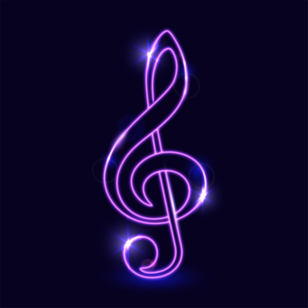 Contorno luminoso viola della chiave di violino su sfondo scuro nota musicale musicale effetto neon