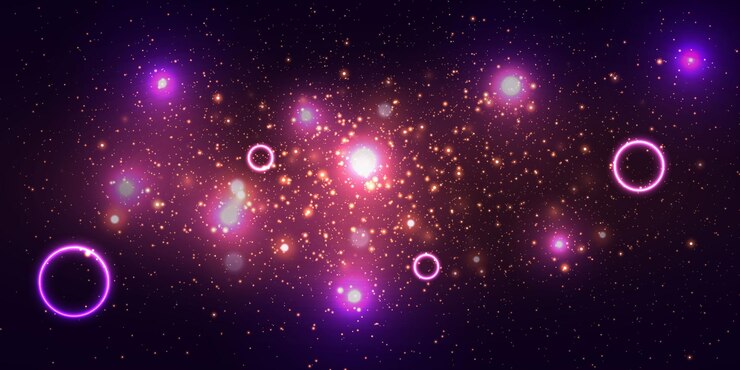 Vector purple magic background a bright explosion of cosmic elements glare of stars and a flash of particles