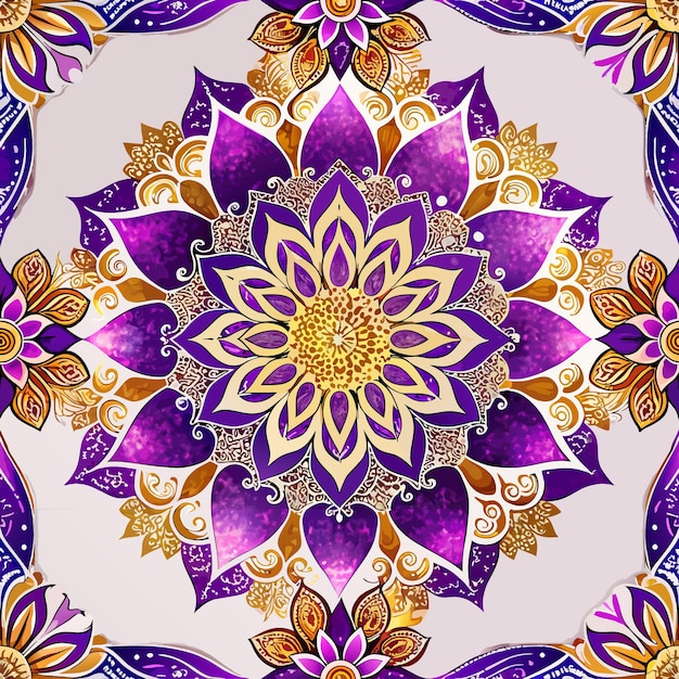 A purple mandala seamless pattern flower with gold accents The flower is a symbol of love and happiness