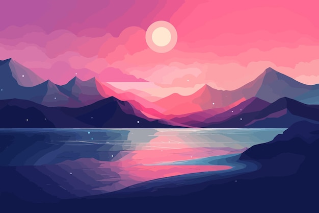 ベクトル 紫山荘厳 ピンクと紫のロマンチックな月明かりの風景