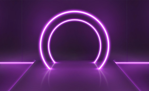 サークルライトアーチ付きの紫色のネオン未来的なデジタルステージ。テクノロジー製品のプレゼンテーションのショーケース。空の台座の夜のベクトルシーン