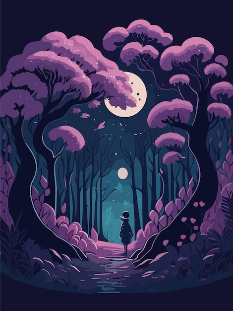 Vector purple night in the forest