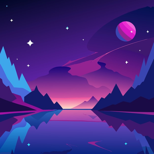 紫色夜晚風景,山脈和湖泊的反射