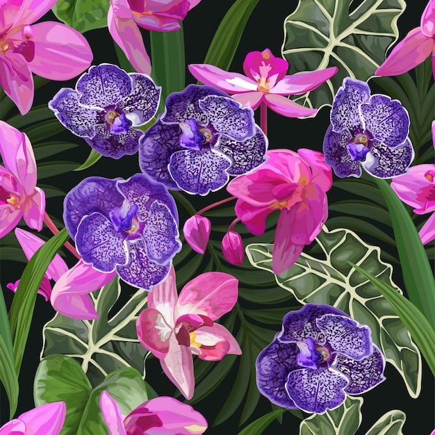 Purple orchid  tropical flower seamless pattern