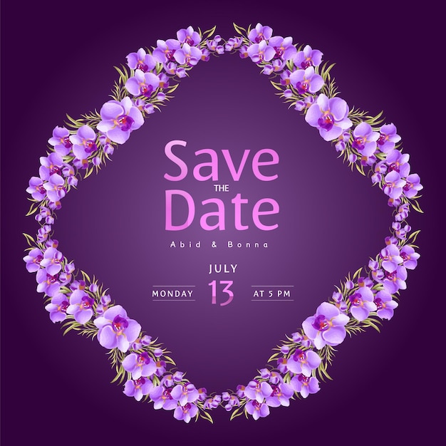 Purple orchid with deep purple background save the date card