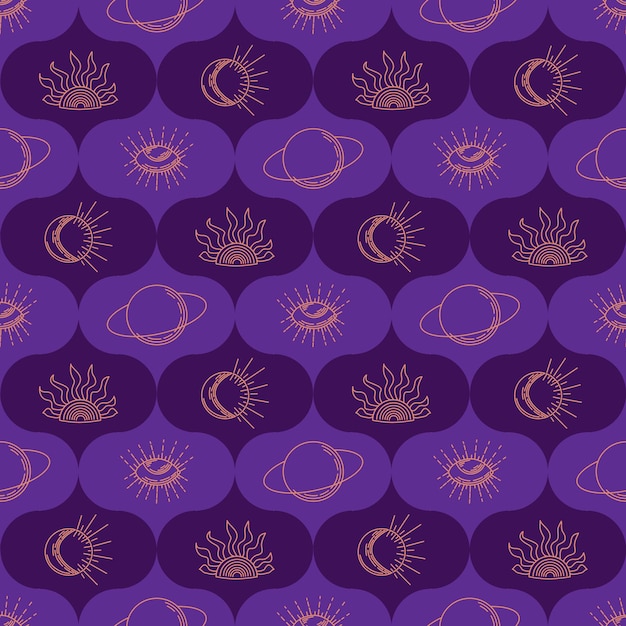 Vector purple outline seamless pattern with mystery items