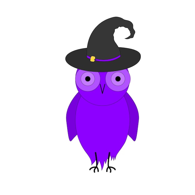 Purple owl in witch hat on white background isolated card