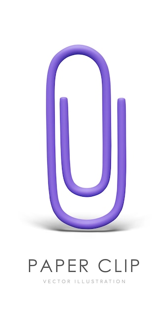 Vector purple paper clip in vertical position isolated realistic model on white background with shadow