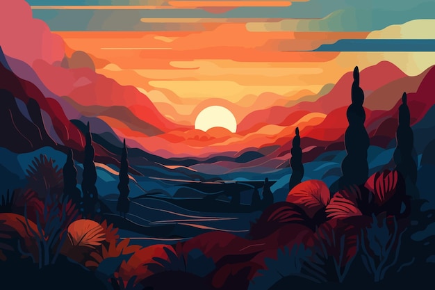 ベクトル パープルパラダイス 鮮やかな色彩の海山川のロマンチックな月明かりの風景