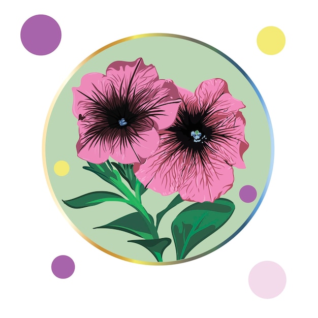 Purple petunia flower framed in a green circle on a white background with colorful polka dots