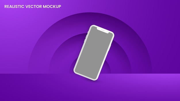 Modello di telefono viola con sfondo viola e testo per la pagina del prodotto.