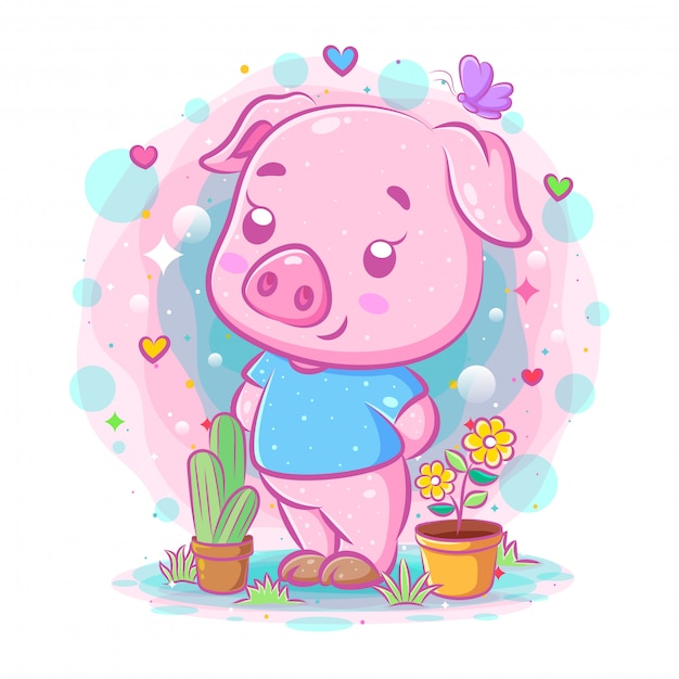 The purple pig cartoon stands near the flowers of illustration