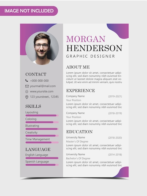 Vector purple and pink gradient creative minimalist curriculum vitae resume template