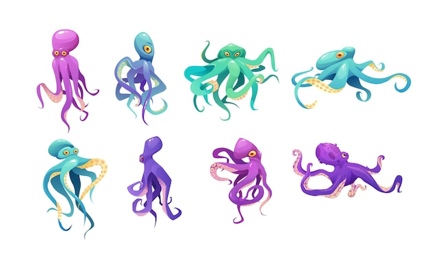 Vector purple, pink and green octopuses set cartoon vector illustration.