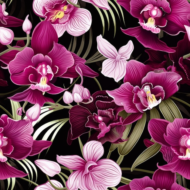 Vector a purple and pink orchid with green leaves and flowers