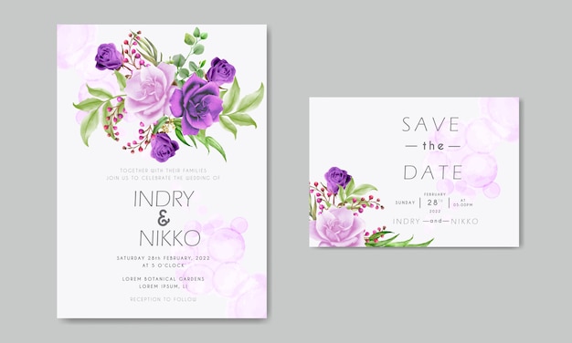 Purple and pink rose watercolor wedding invitation card