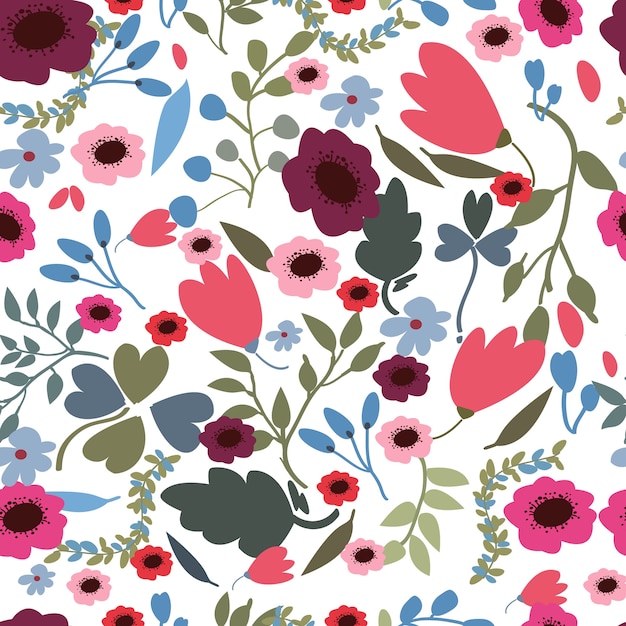 Purple pink spring jungle flower seamless pattern 