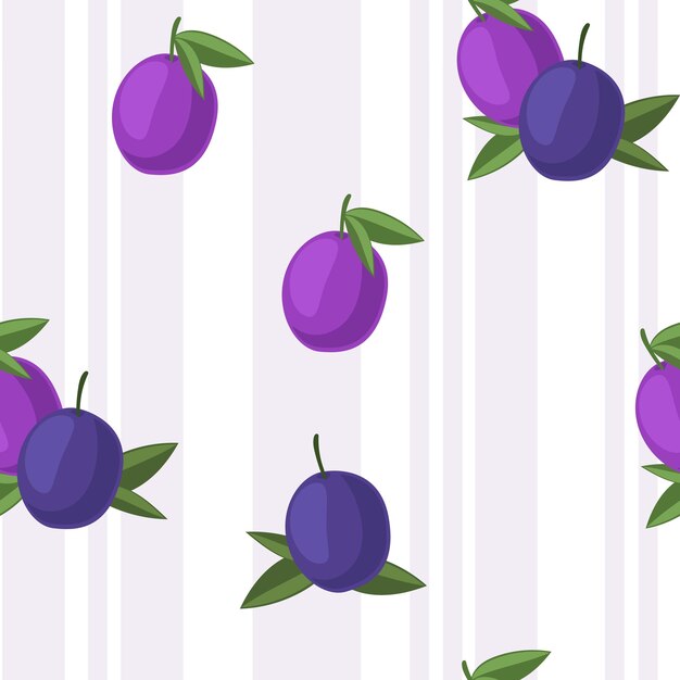 Vector purple plums pattern food print abstract with leaves wrapping paper vector seamless texture flat