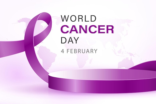 Purple podium mock up with awareness ribbon decoration in background for world cancer day on 4th of ...