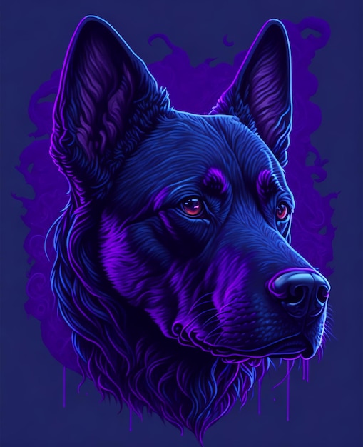黒い犬の顔と「私は犬です」という文字が描かれた紫色のポスター。