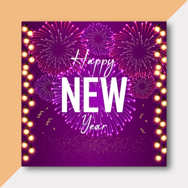 Vector a purple poster with fireworks and a picture of a happy new year