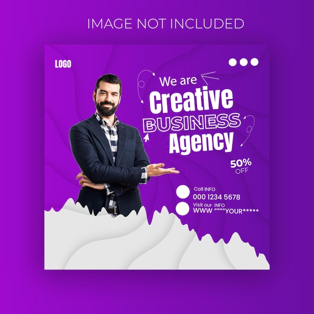 a purple poster with a man in a suit and the words creative business