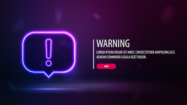 Purple poster with neon warning logo and title with button on blurred background