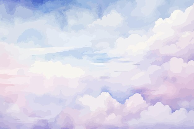구름과 하늘을 나는 비행기가 있는 보라색과 보라색 배경