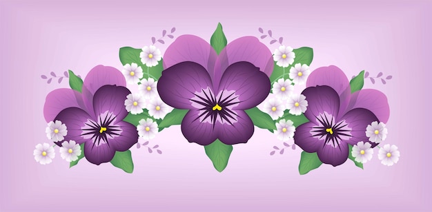 Purple realistic pansy with daisy wreath