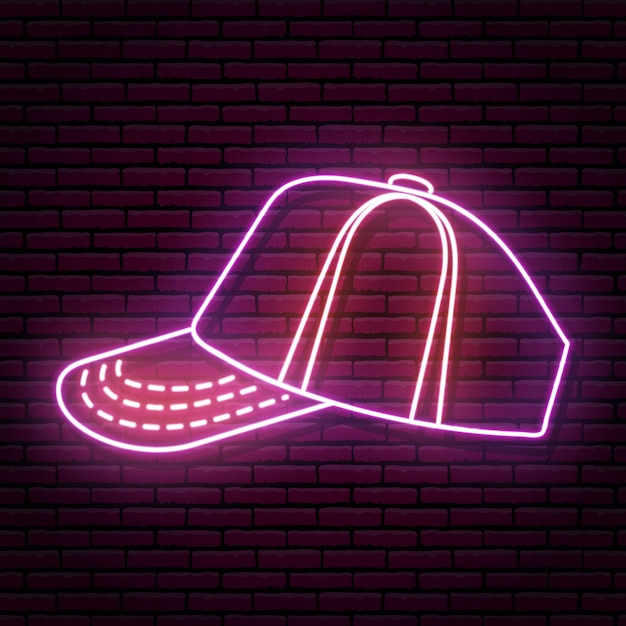 Vector purple and red neon sign baseball cap, side view. against the background of a brick wall with a shadow. isolated.