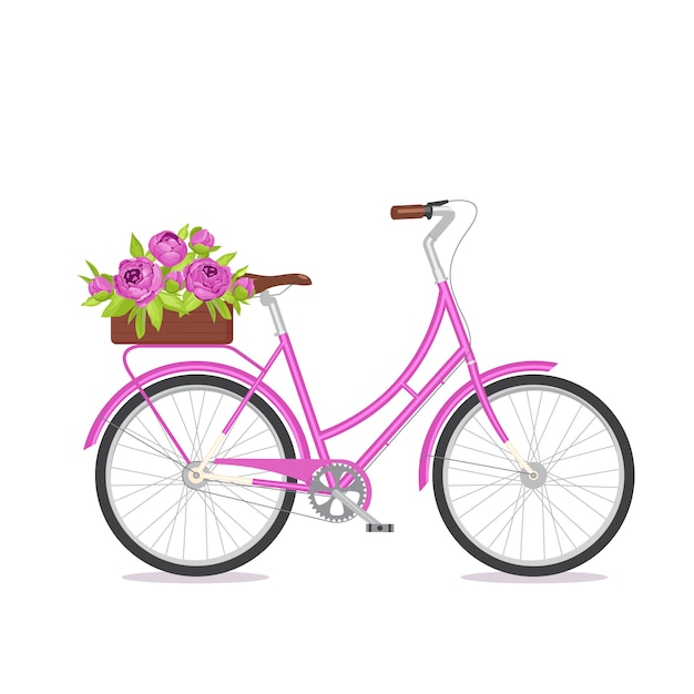 Purple retro bicycle with bouquet in floral box on trunk.