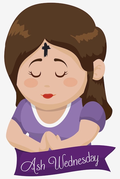 Vector purple ribbon and little girl with ash cross in her forehead praying on ash wednesday