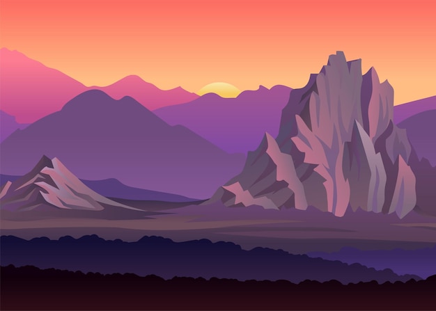 Vector purple rocks against the backdrop of a sunset and orange sky vector illustration on white background