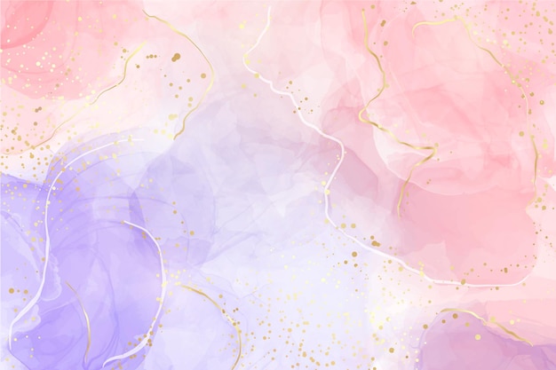 Sfondo di marmo liquido rosa viola e lavanda con strisce dorate e polvere di glitter. effetto disegno ad acquerello viola rosa pastello. sfondo di illustrazione vettoriale con schizzi d'oro per invito a nozze.