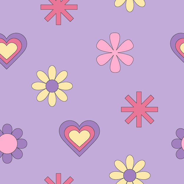 Purple seamless pattern in 1990s 2000s style Bright vector wallpaper with positive retro flowers and hearts