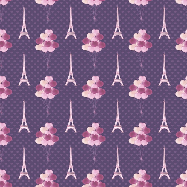 Vector purple seamless pattern hearts paris tower