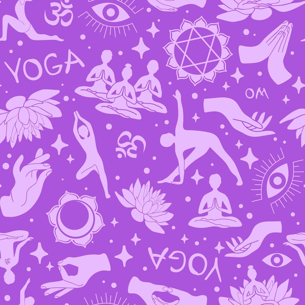 purple seamless yoga pattern with silhouettes