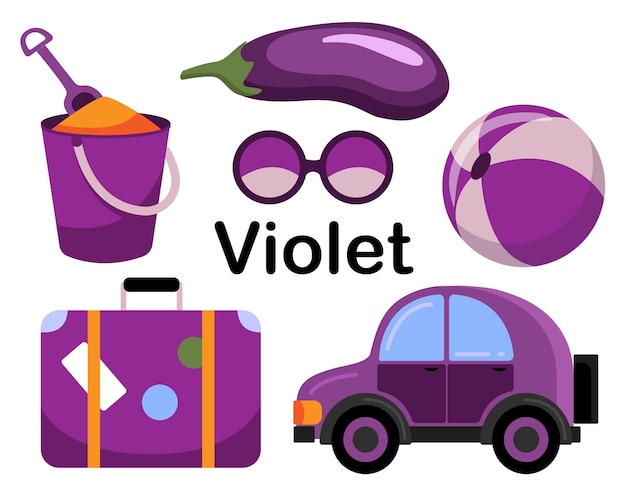紫の。アイテムのセット。コレクションには、ナス、車、ボール、シャベル付きのビーチバケツ、グラス、スーツケースが含まれます。