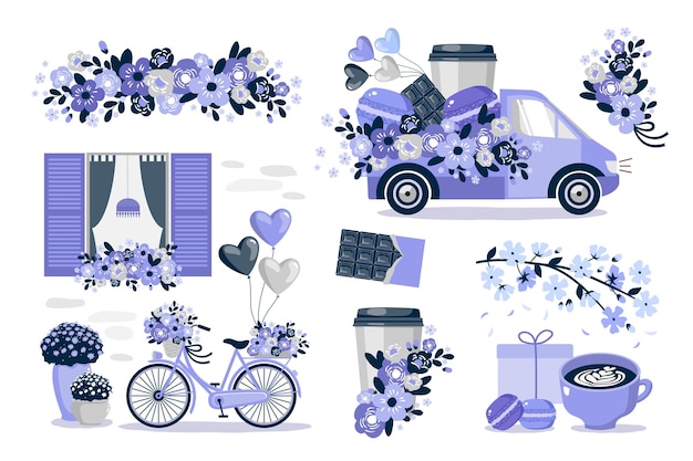 Purple set with a truck, flowers, balloons, bicycle, coffee cup.