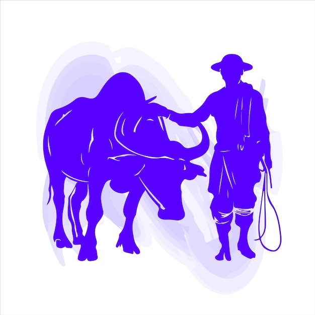 A purple silhouette of a man and a bull.