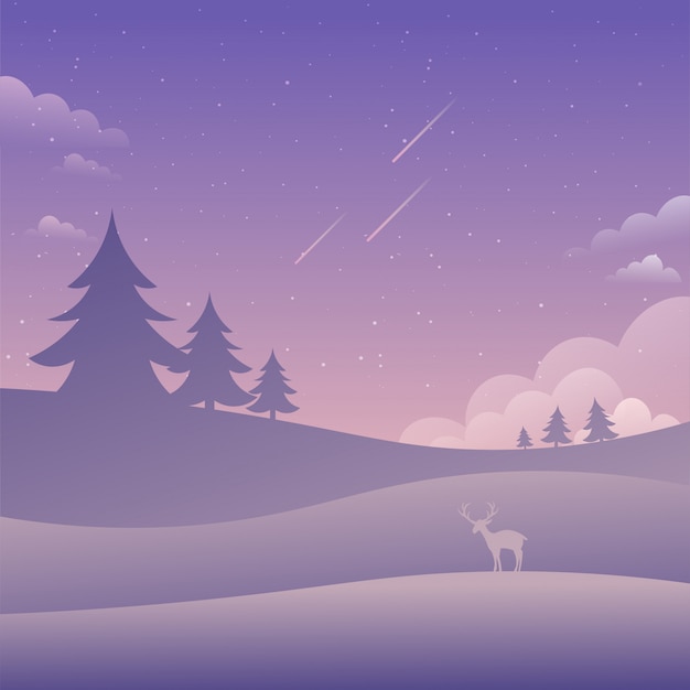 Purple sky landscape falling stars nature background flat style vector illustration