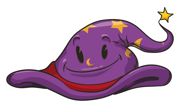 Фиолетовая улыбающаяся шляпа волшебника со звездным узором и красной повязкой на голове, изолированной на белом фоне