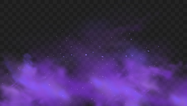 Вектор Фиолетовый дым, изолированные на прозрачном темном фоне. абстрактный фиолетовый порошок взрыв с частицами и блеск. дымный кальян, отравляющий газ, фиолетовая пыль, эффект тумана. реалистичная иллюстрация