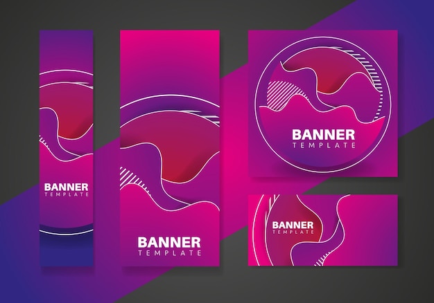 Purple social media banner set template with flowing liquid shapes, amoeba forms.