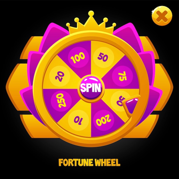 purple spin wheel for game. Wheel of fortune with crown ui.