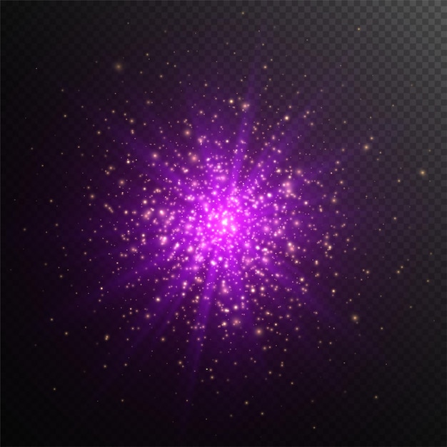 Purple star explosion with yellow sparkles cosmic starburst Violet stardust a shining star with rays isolated on a transparent background vector light effect