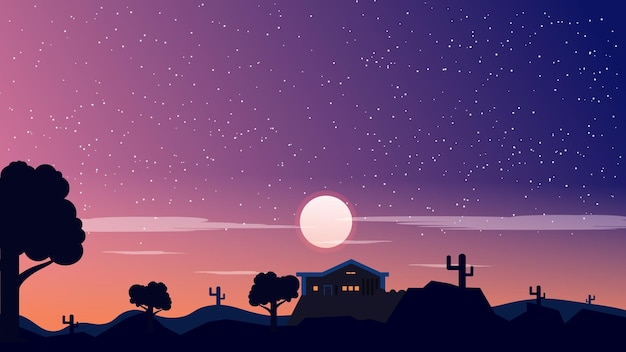 Purple starry night landscape illustration