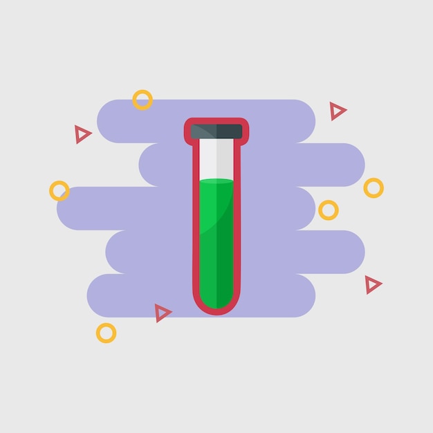 A purple test tube with a green liquid inside.