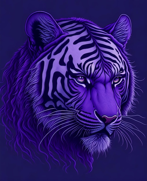 A purple tiger with a black stripe on the face